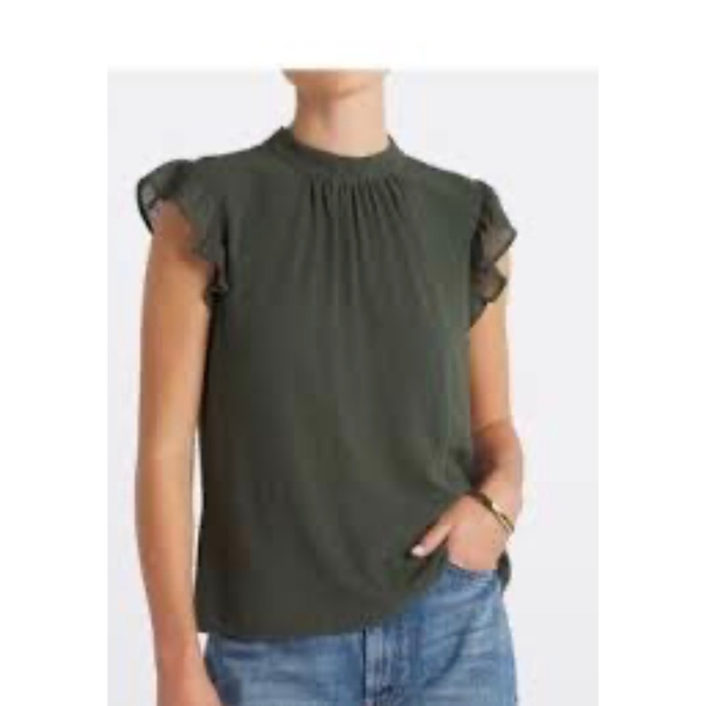 Les Serein Womens Forest Green Swiss Dot Ruffle Sleeve Mock Neck Blouse